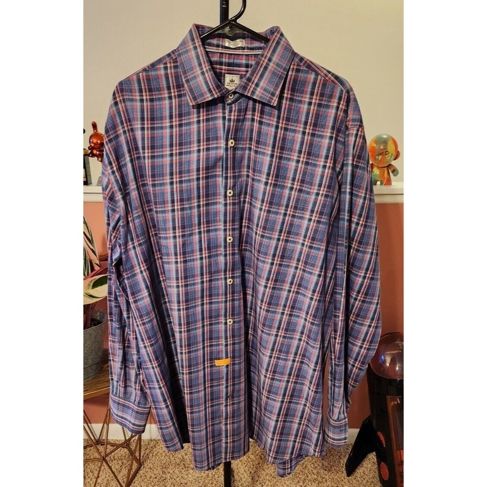 Peter Millar Shirt Men's 2XL Pink Blue Purple Plaid Long Sleeve Button Up Men